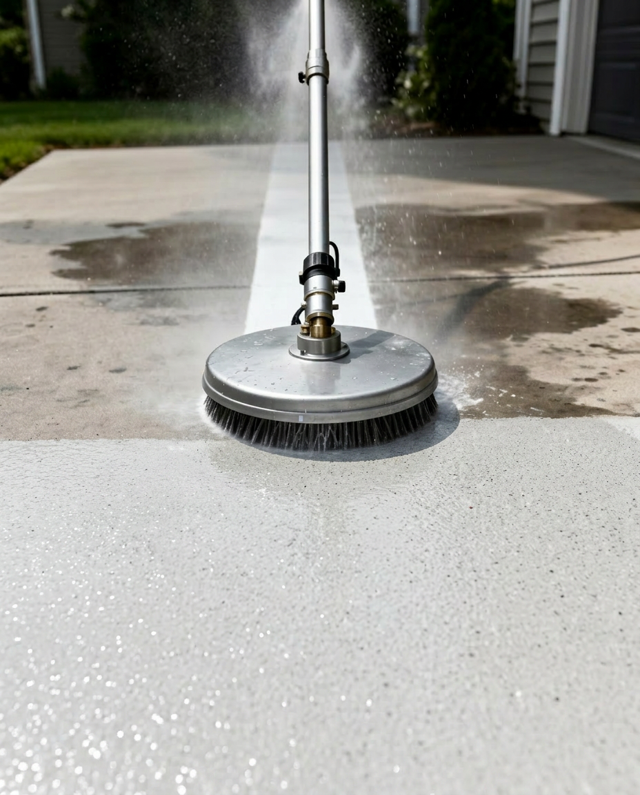 Surface cleaner attachment power washing a Houston concrete driveway