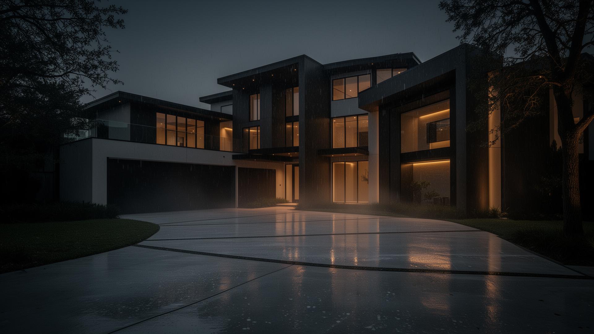 Modern Houston luxury home with freshly cleaned driveway at dusk